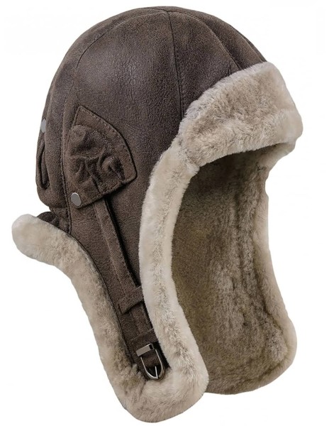 klassische Pilotenmütze aus braunem Lammfellleder